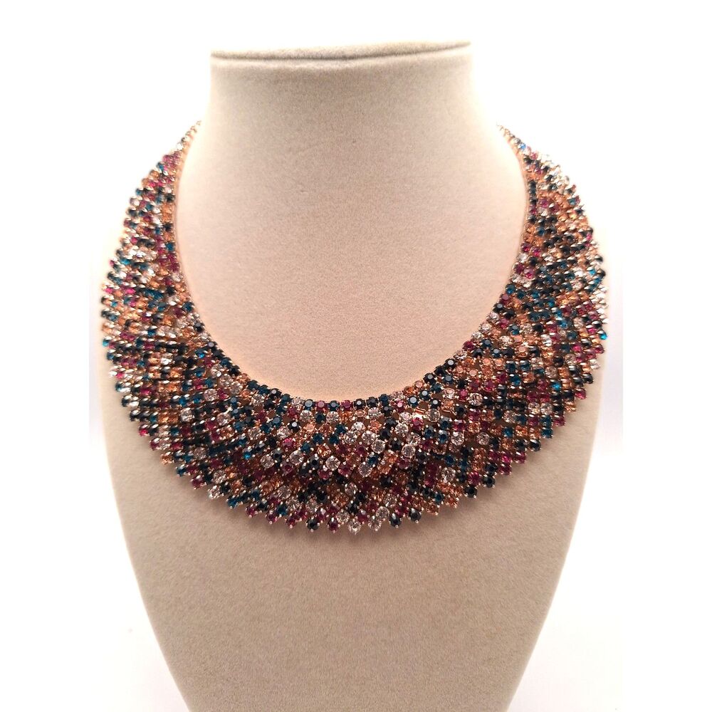 Vintage multi color rhinestone collar necklace statement rose tone